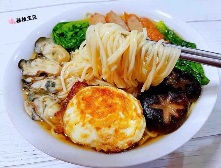 肉参牡蛎煎蛋青菜面的步骤